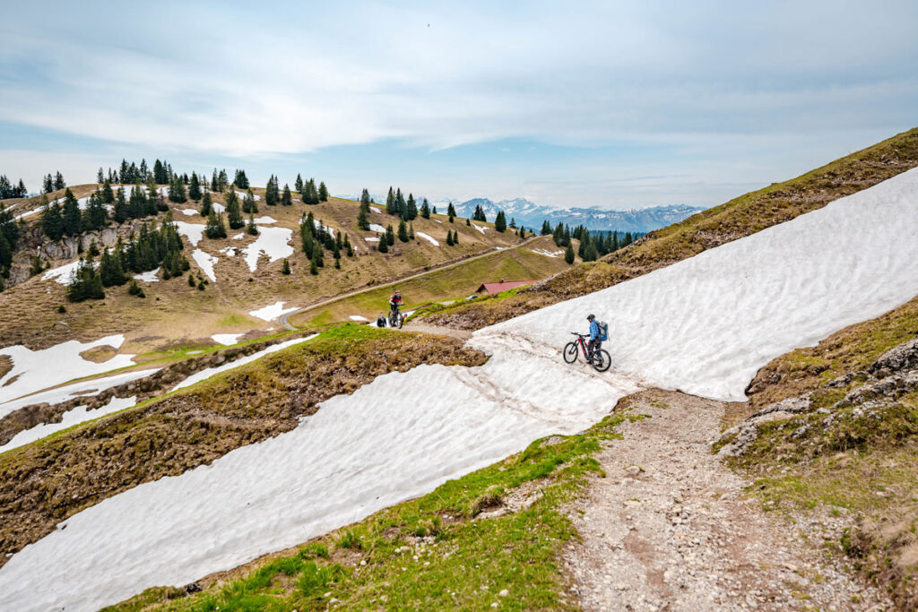 Gruppe von Radfahrern auf einem Weg bei Oberstaufen