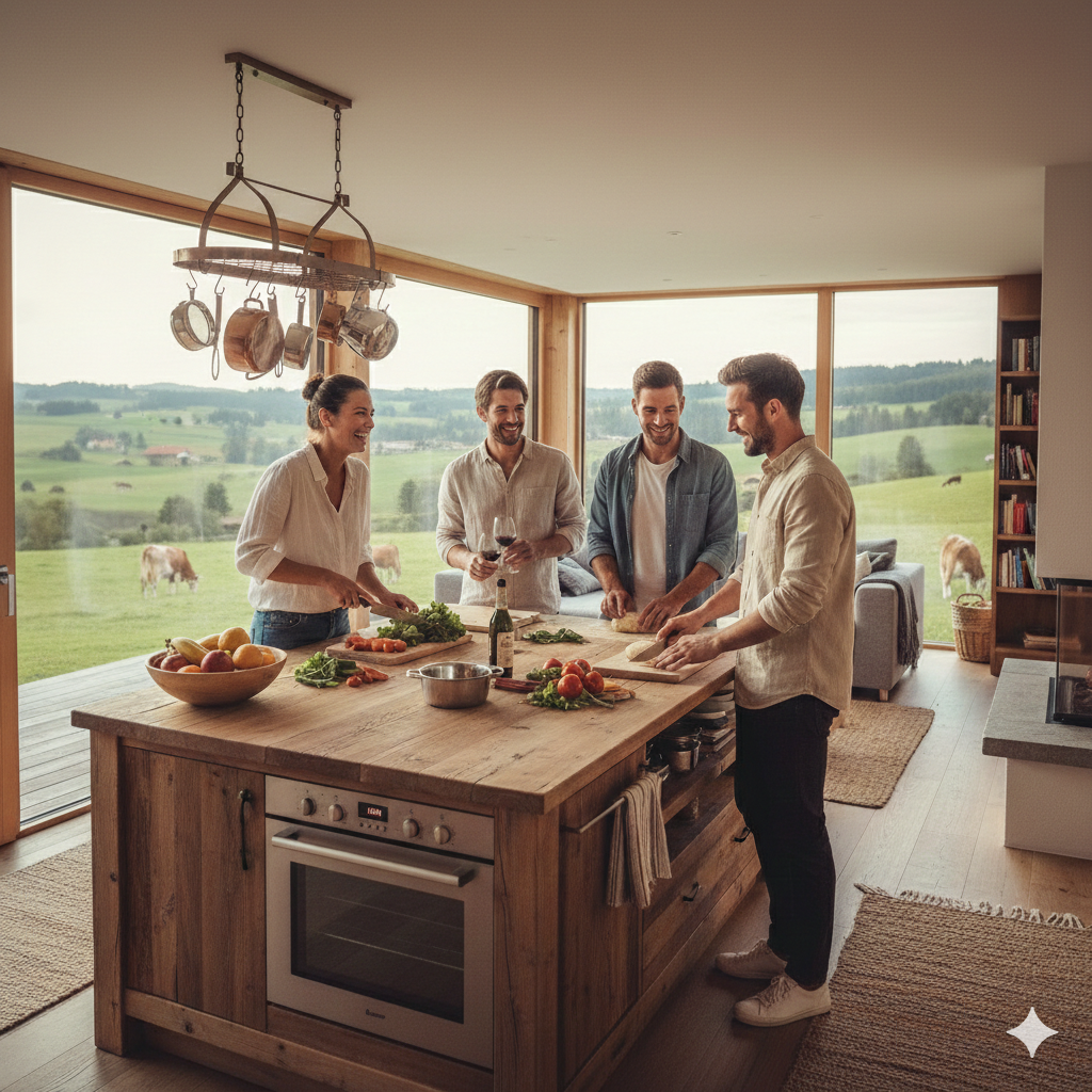 Gemeinsames Kochen als Teamevent in der voll ausgestatteten Küche.