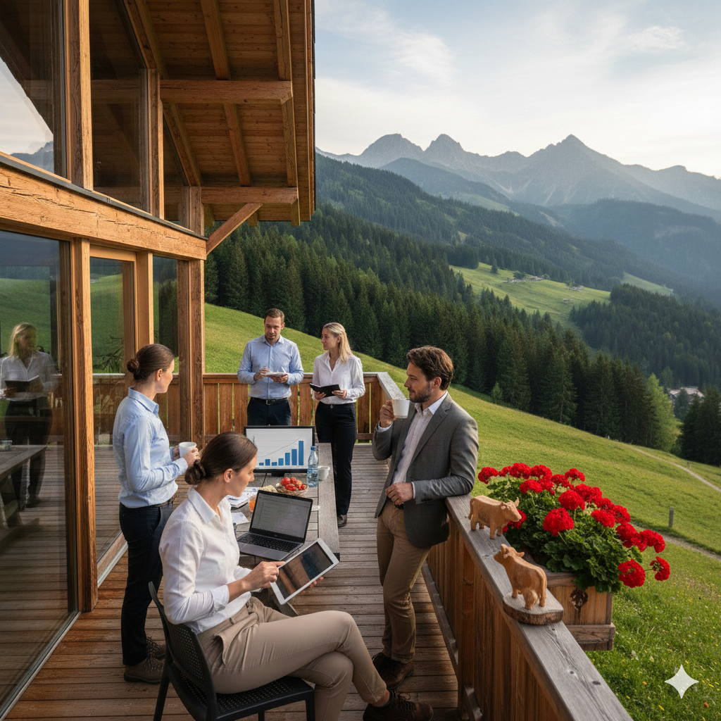 Mitarbeiter genießen den Bergblick vom Balkon der Königshäuser Unterkunft.