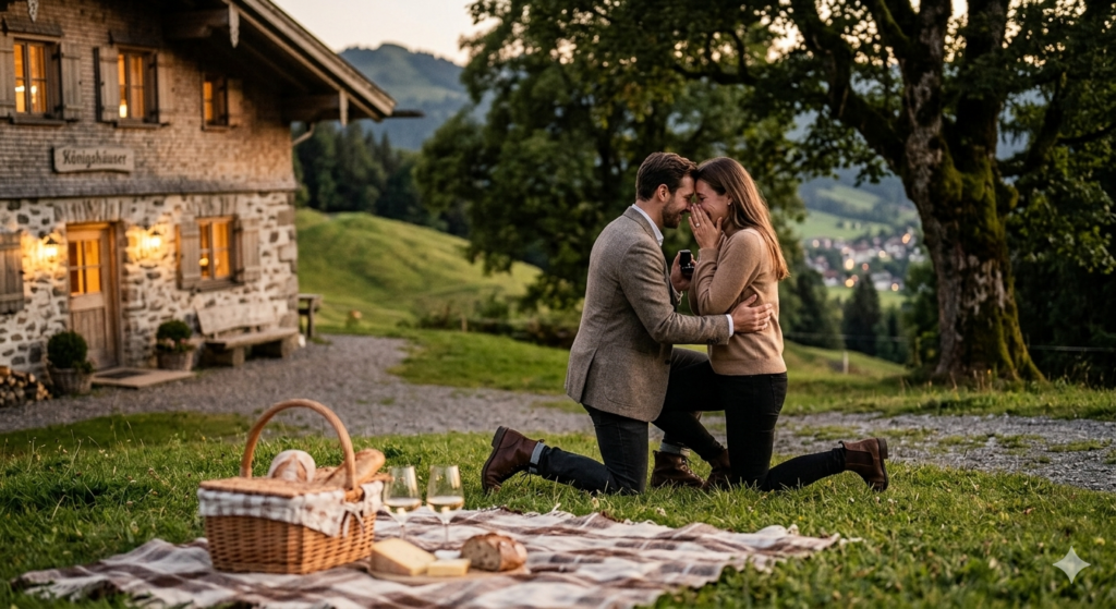 Ein Paar bei einem romantischen Heiratsantrag
