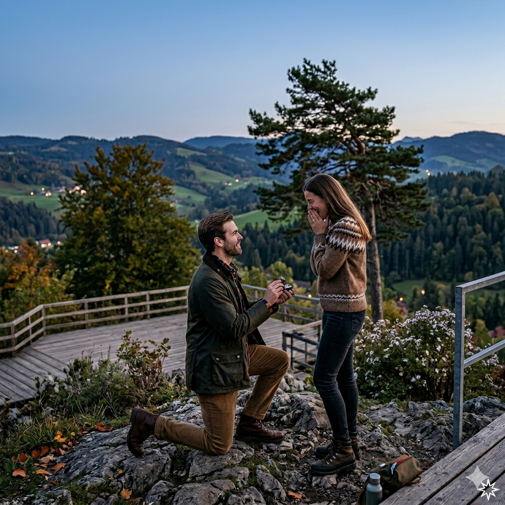 Der Moment der Ringübergabe bei einem Heiratsantrag in den Bergen bei Oberstaufen.