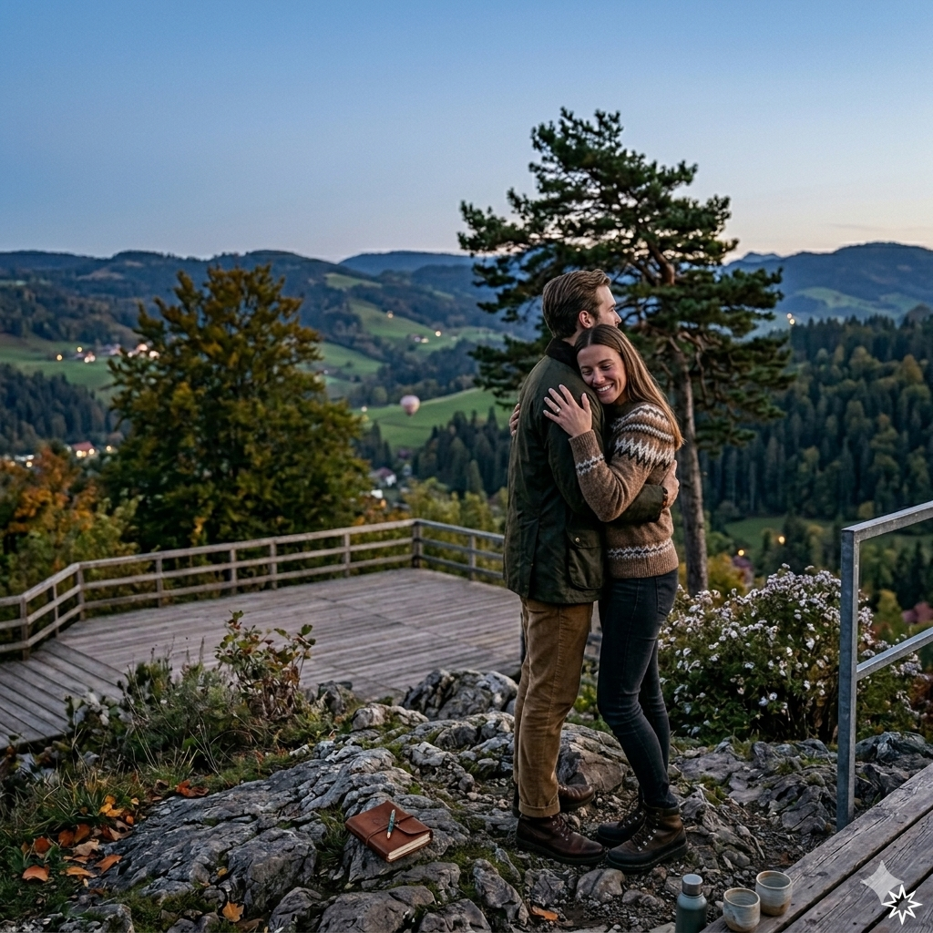 Ein Paar bei einem romantischen Heiratsantrag vor der Kulisse der Allgäuer Alpen.