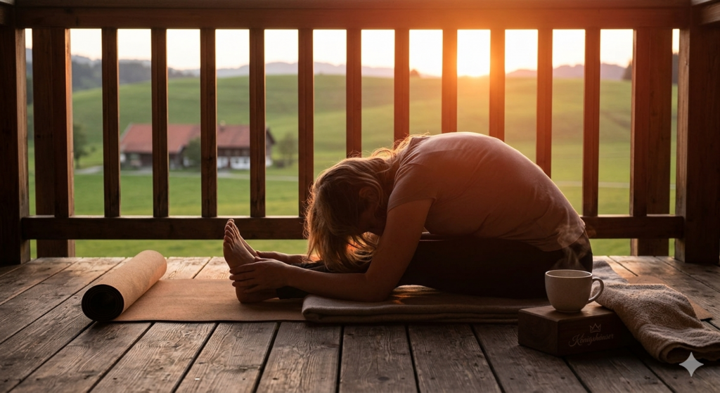 Yogapraxis und Dehnübungen auf dem hölzernen Balkon einer Ferienwohnung in Oberstaufen im Abendrot.