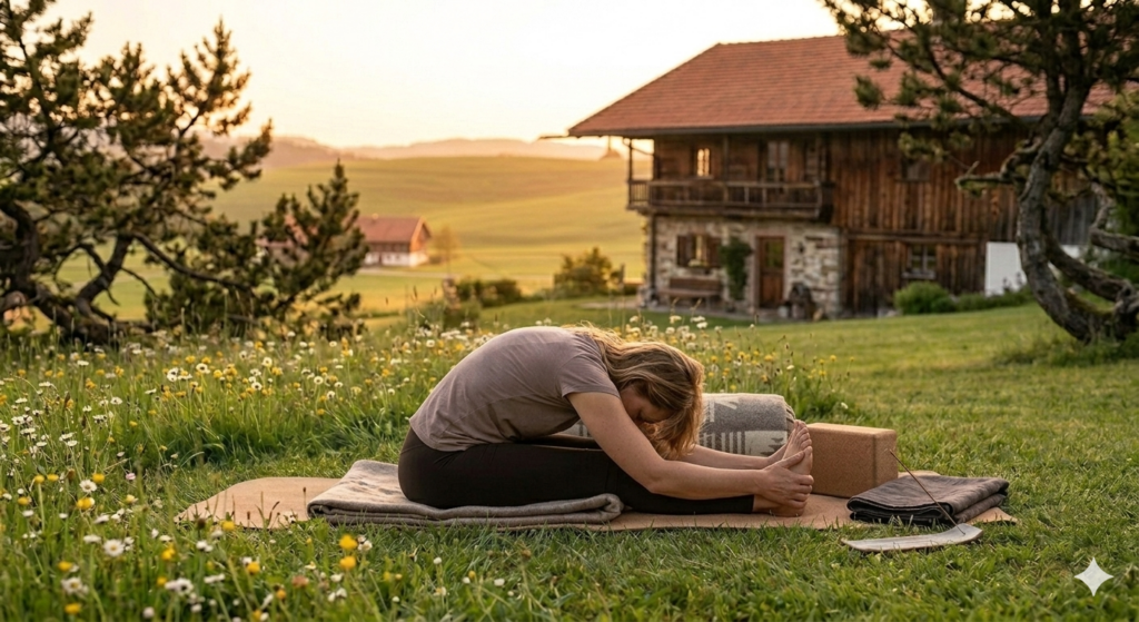 Eine Frau praktiziert die Yoga-Vorwärtsbeuge auf einer Decke im Garten eines traditionellen Allgäuer Holzhauses im warmen Abendlicht.