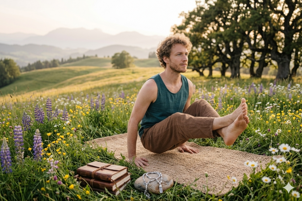 Ein Mann macht eine anspruchsvolle Yoga-Asana auf einer Allgäuer Wildkräuterwiese.