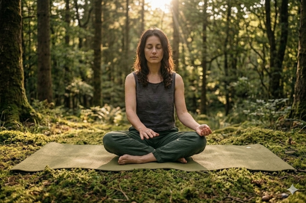 Frau im Meditationssitz auf einer Yogamatte auf dem bemoosten Waldboden.