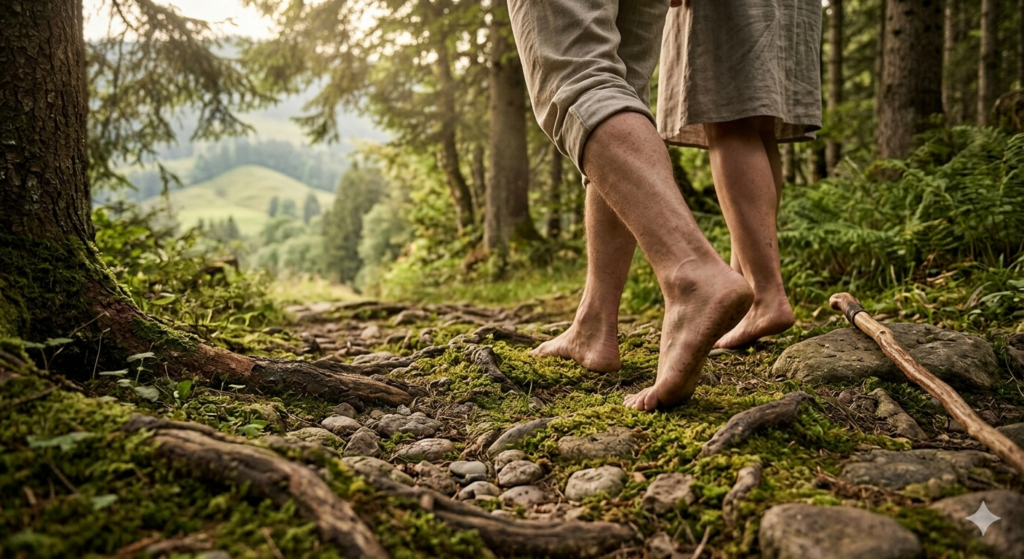 Nahaufnahme von zwei Personen, die barfuß über einen moosigen und wurzeligen Waldboden im Allgäu wandern.