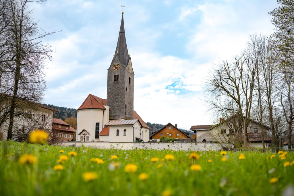 Die Pfarrkirche St. Katharina in Thalkirchdorf im Frühling mit einer blühenden Löwenzahnwiese im Vordergrund.