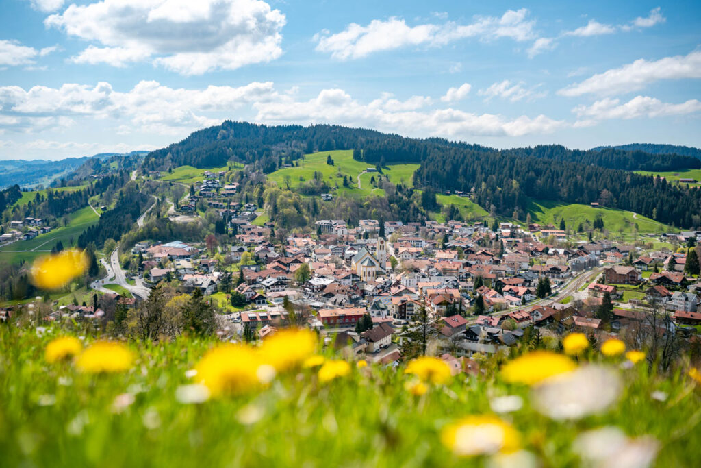 Blick über eine blühende Löwenzahnwiese im Vordergrund auf den Ort Oberstaufen und die grünen Allgäuer Hügel im Frühling.