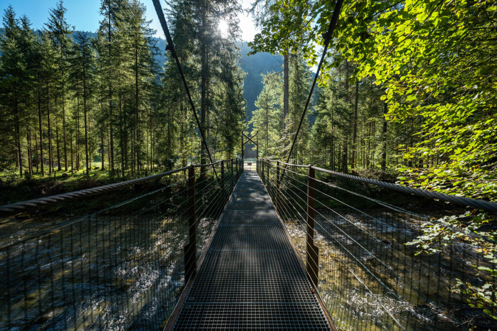 Schattiger Waldweg mit einer Holzbank zum Entschleunigen neben einer Hängebrücke über einem klaren Wildbach