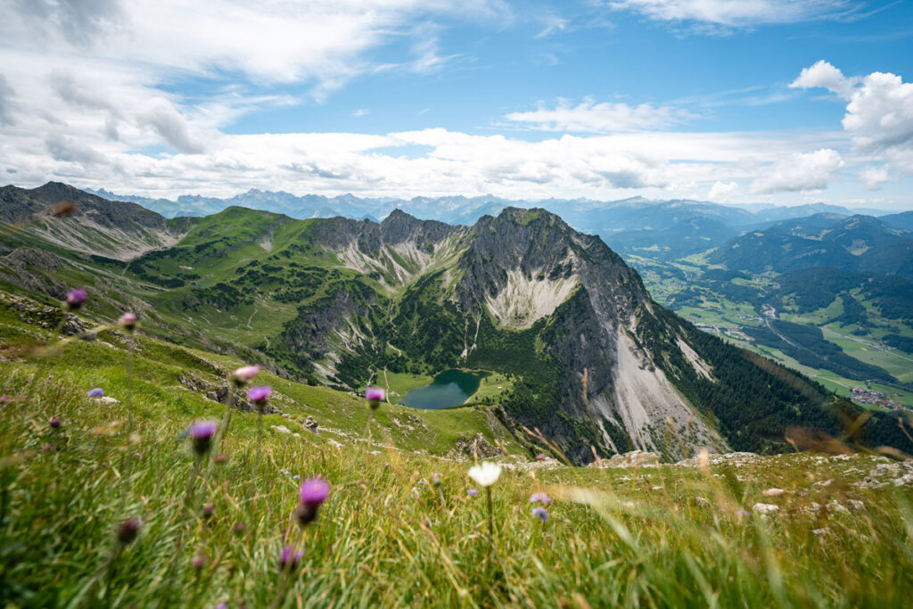 Blick vom Gipfelbereich des Entschenkopfs hinab auf den tiefblauen Gaisalpsee inmitten der Allgäuer Hochalpen mit Almwiesen im Vordergrund.