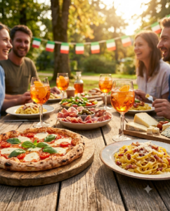 Veranstaltungsplakat für La Dolce Vita Oberstaufen vom 21. bis 23. August 2026 mit Pizza, Pasta, Aperol Spritz und feiernden Menschen im Park.