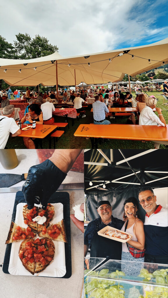 Collage von einem italienischen Markt im Allgäu mit Festzelt, frischer Bruschetta und fröhlichen Standbetreibern.