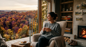Eine lächelnde Frau sitzt im gemütlichen Sessel an einem Kaminfeuer mit einer Tasse Tee und blickt durch ein Panoramafenster auf einen bunten Herbstwald im Allgäu.